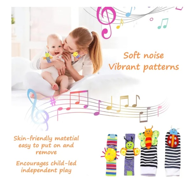 Soft and Safe Sensory Toys for Baby - Wrist Rattles and Foot Finders Set