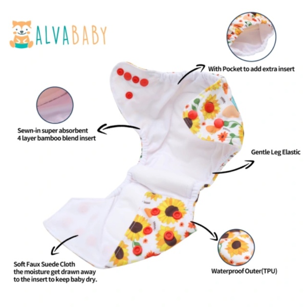 Alva Baby Newborn All In One Nappy with Pocket and 4 Layer Bamboo Insert