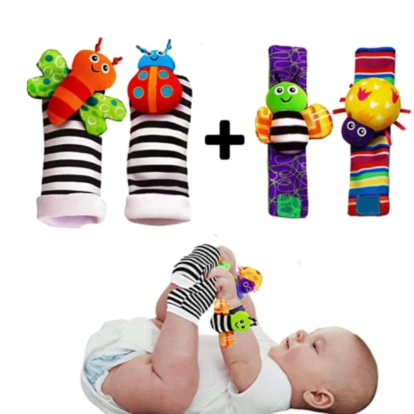 Soft and Safe Sensory Toys for Baby - Wrist Rattles and Foot Finders Set